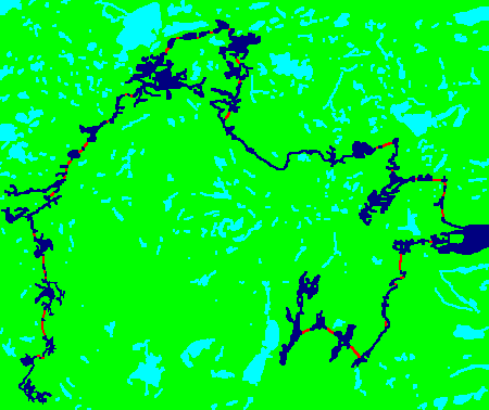 2009 BWCAW trip, Route Clockwise starting at Lower Left in Dark Blue and Red, Dwell Cursor over Lakes for Names.