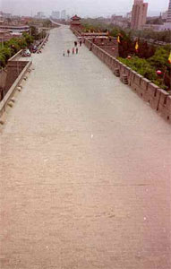 View along the top of the Xi'an city wall from a lookout tower.