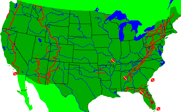 United States map, Roll over and click map for links to trips.