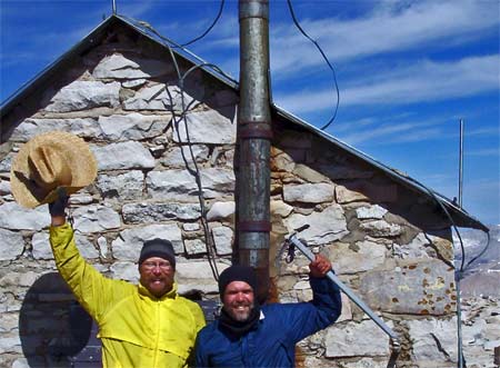 Molasses (yellow jacket)and Fashionplate Dan (blue jacket) by Smithsonian Cabin atop Mount Whitney.