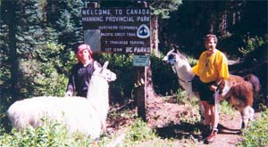 Jim and Dan at Canadian Border with lamas borrowed from a party hiking in from the Canadian side.