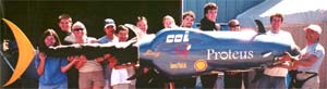 This UCSD Submarine, propelled by a whale like tail on a 4 bar linkage, won a Guiness World Speed Record at HPS2000.